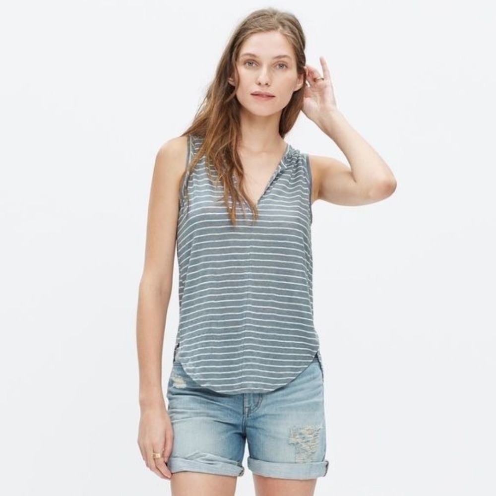 Madewell Blue Linen Striped Split Neck Tank Top